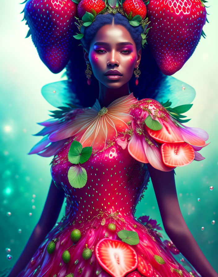 Woman in vibrant fruit and flower dress with strawberry headpiece on turquoise backdrop