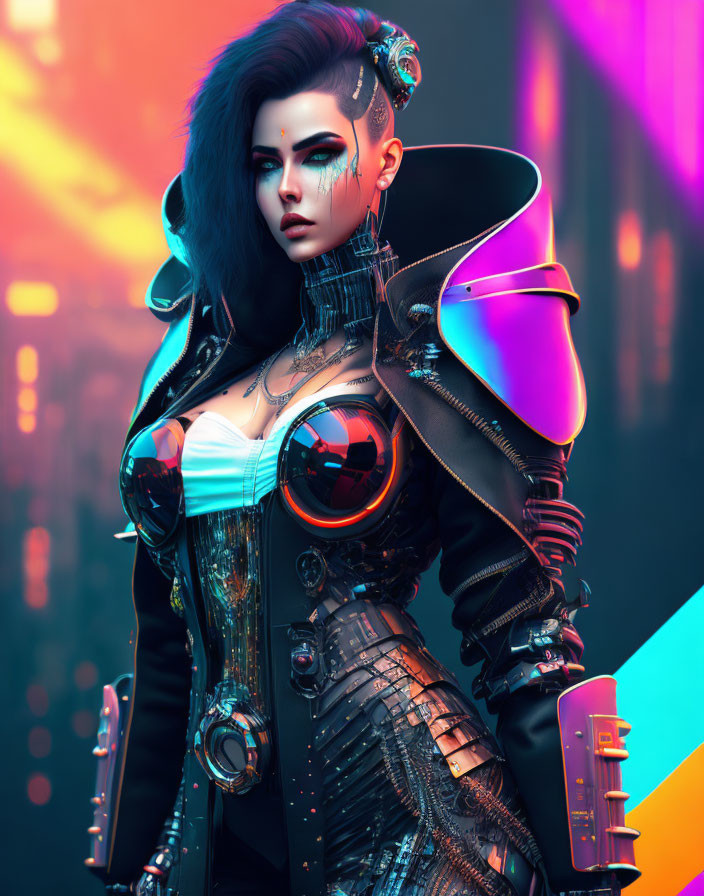 Cyberpunk woman with robotic arm and neon style on colorful background