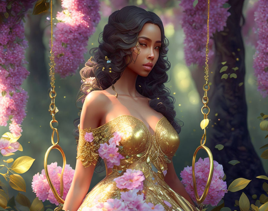 Digital artwork of woman in golden dress on flower swing in mystical forest