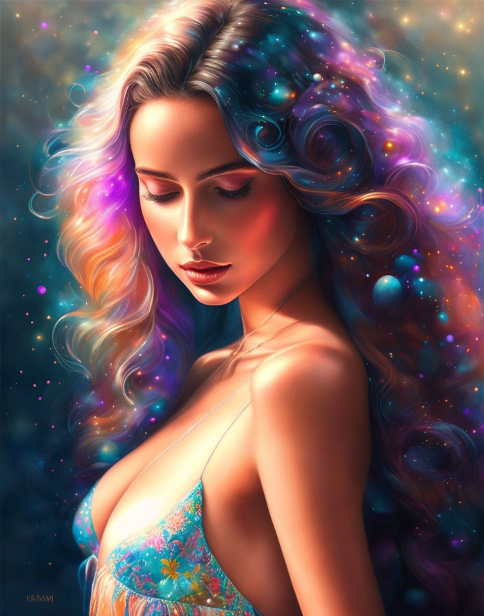 Digital artwork: Woman with galaxy-themed hair and floral dress