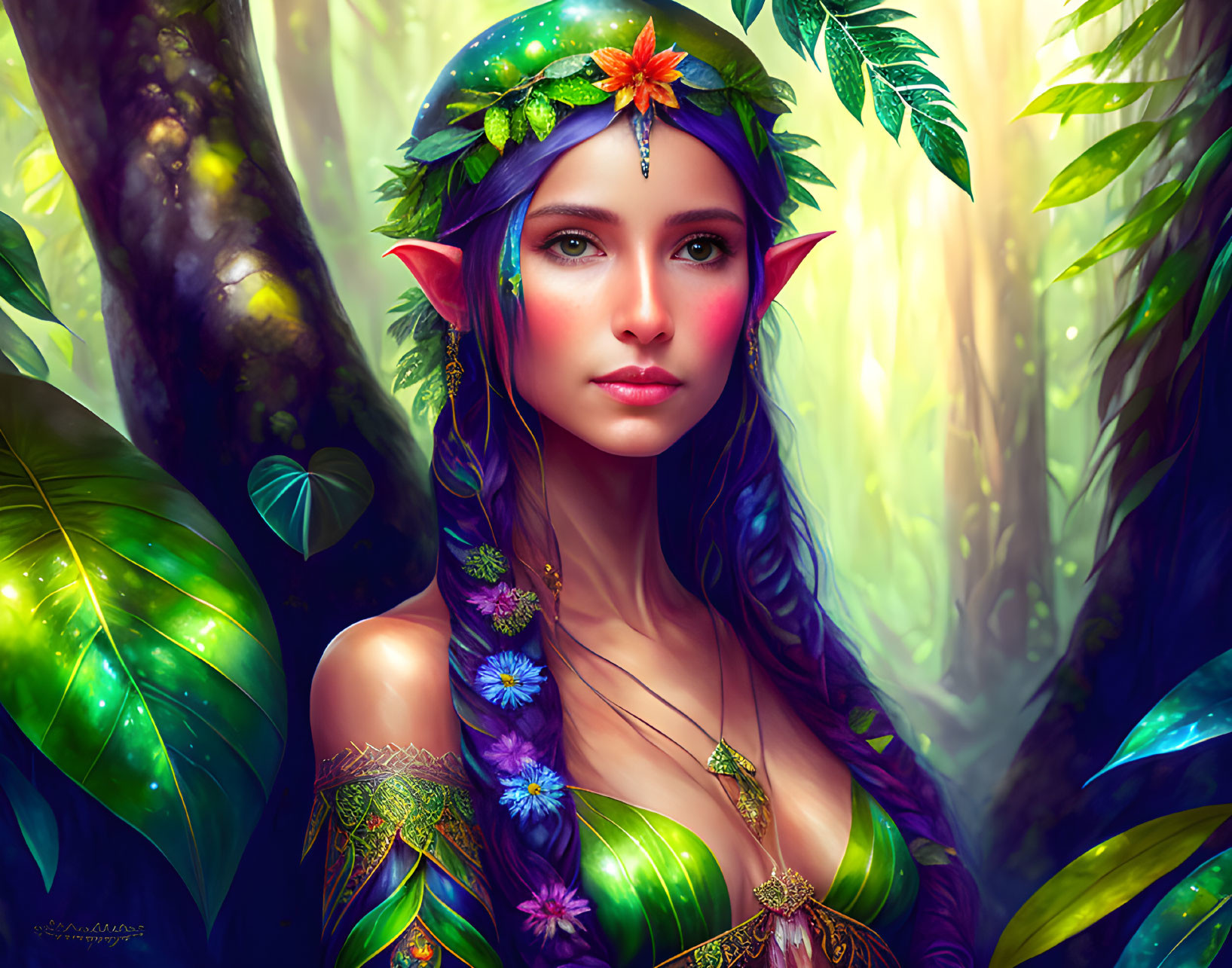 Vibrant female elf with blue hair in forest scene