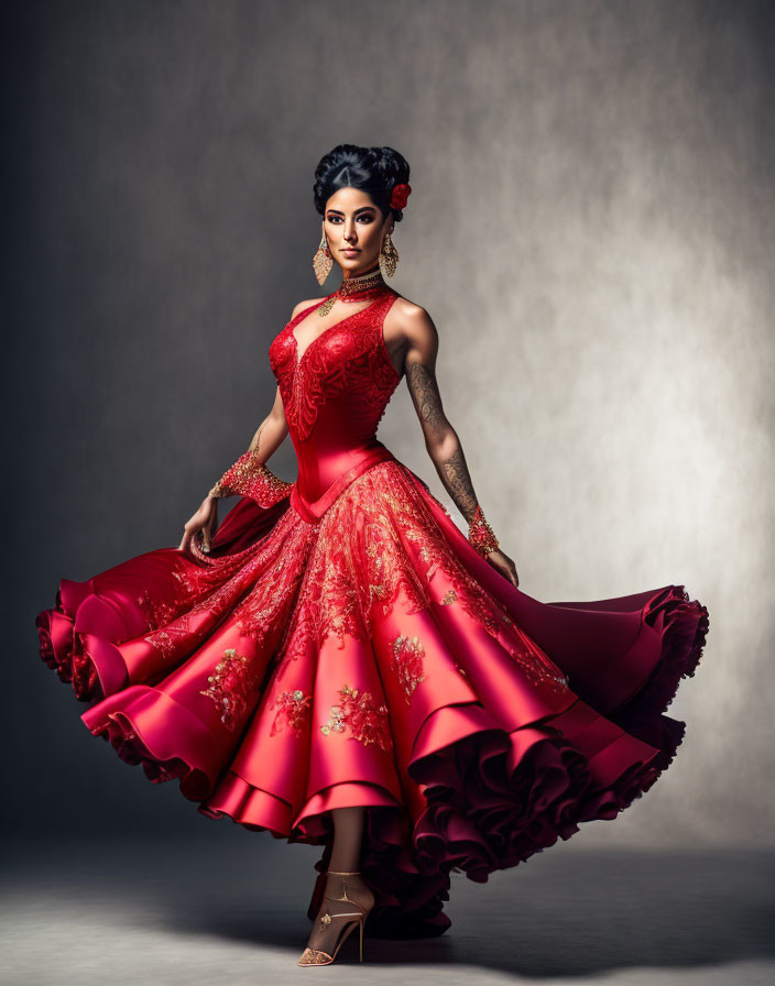 Woman in glamorous red dress with floral embroidery and statement jewelry poses elegantly