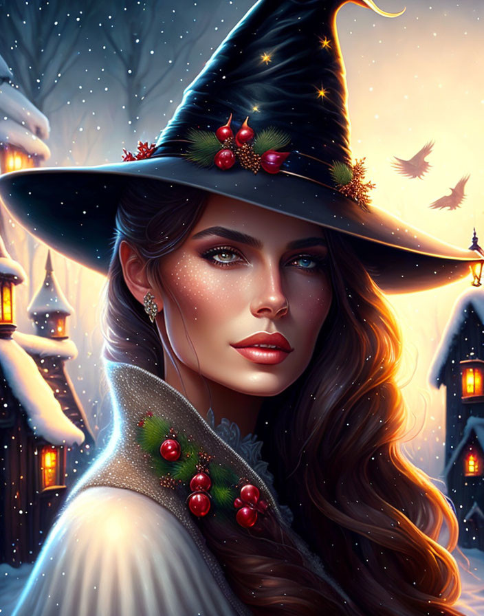 Enchanting woman portrait in witch's attire against snowy village backdrop