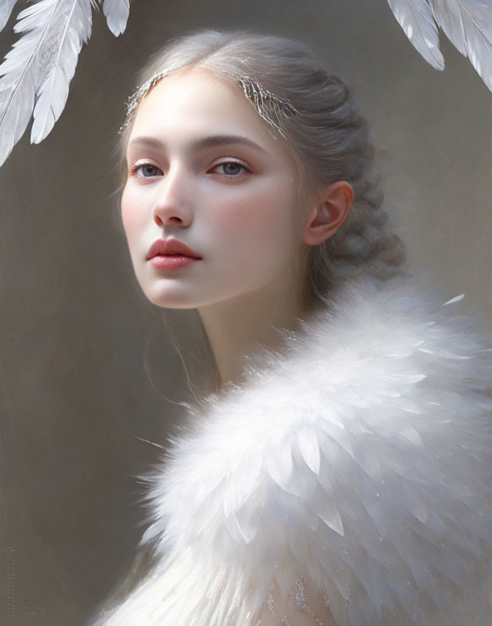 Portrait of a person with angelic features and white feathered wings