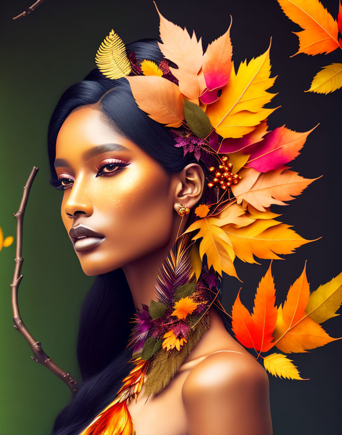 Woman with Autumn Leaves in Hair and Golden Makeup