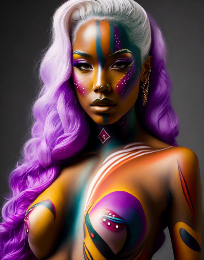 Vibrant body paint portrait of woman with purple, orange, and yellow hues.