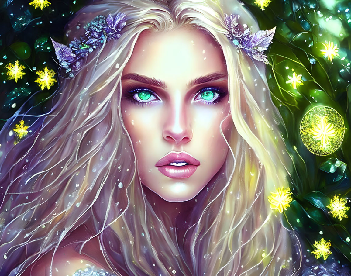 Fantasy female digital art: Striking blue eyes, glowing orbs, vibrant colors