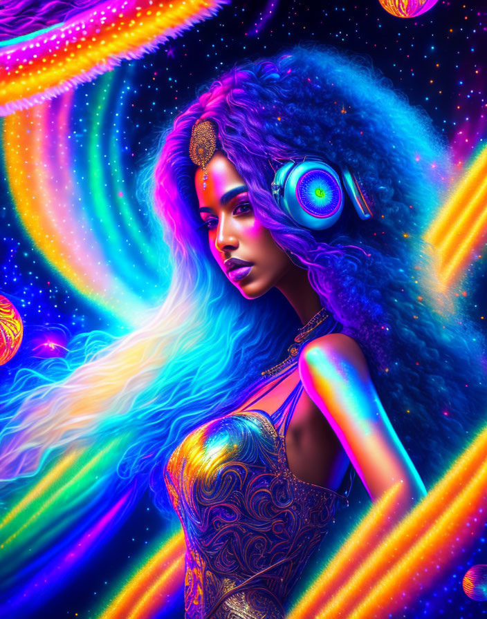 Colorful digital artwork of woman with headphones in cosmic setting