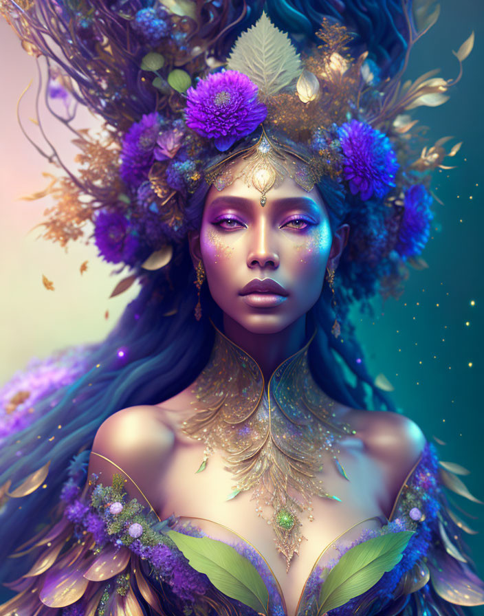 Elaborate Purple Flower Headdress on Mystical Woman