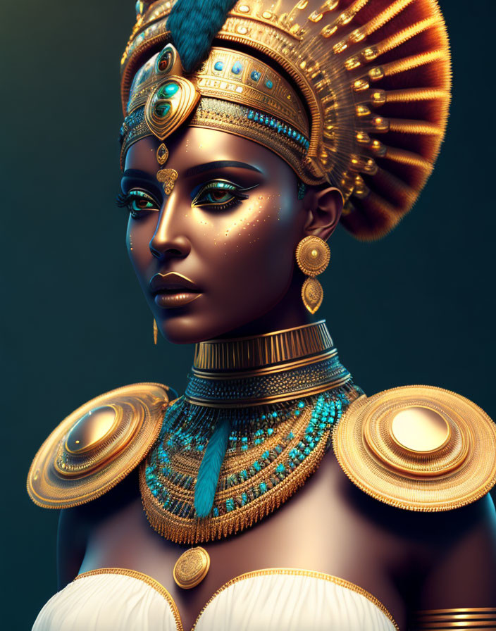 Digital Artwork: Egyptian Queen with Gold and Turquoise Accents