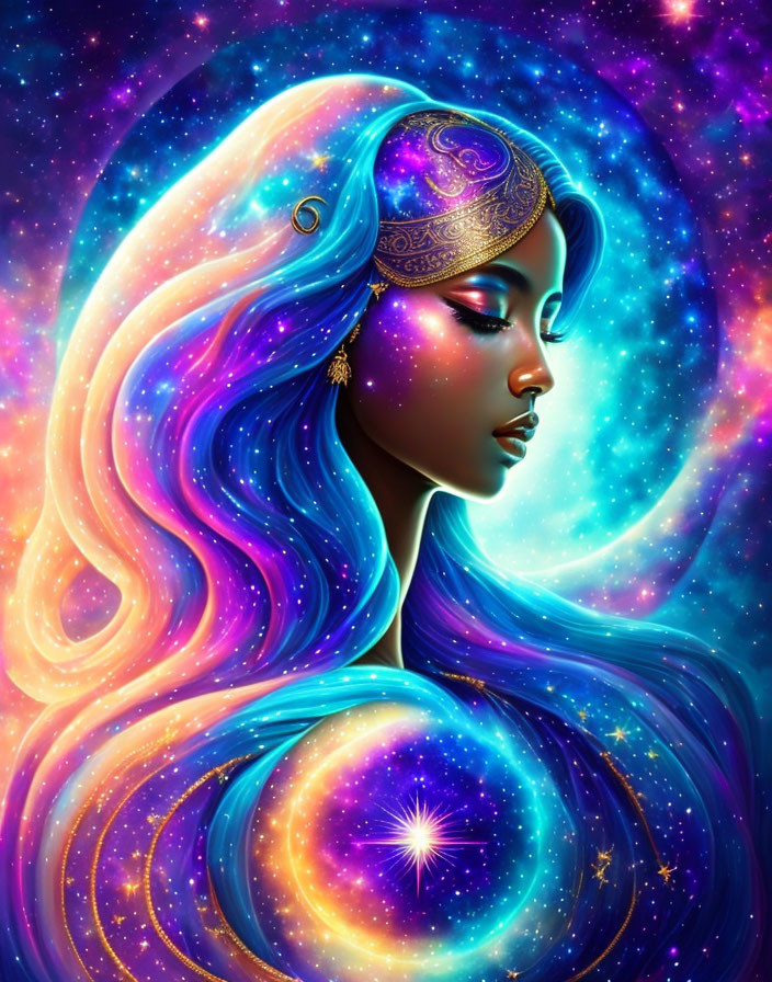 Illustration of woman with galaxy hair on starry background