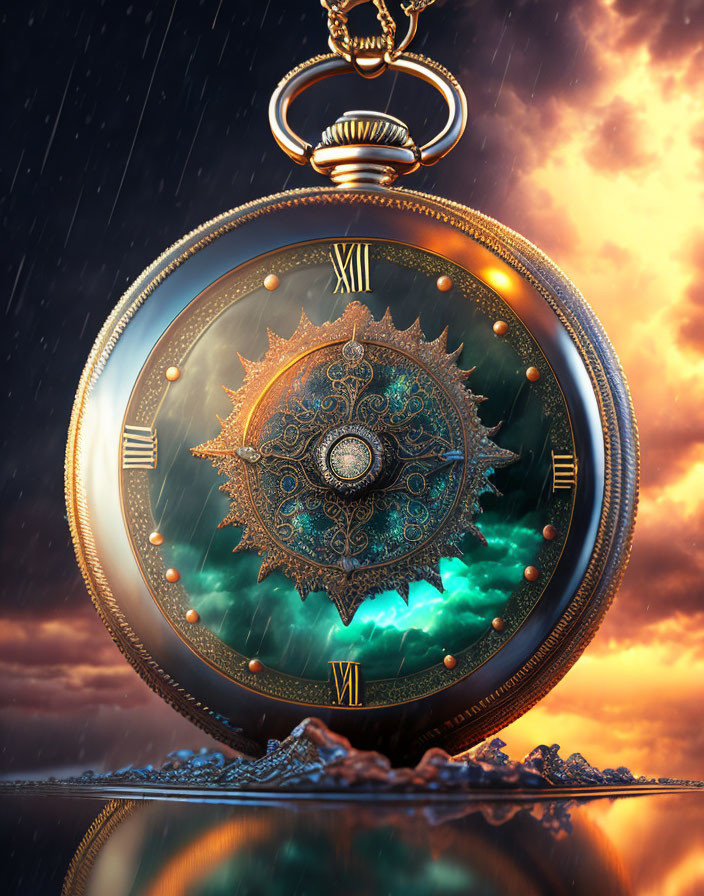 Intricate Ornate Pocket Watch on Turquoise Background & Dramatic Sky