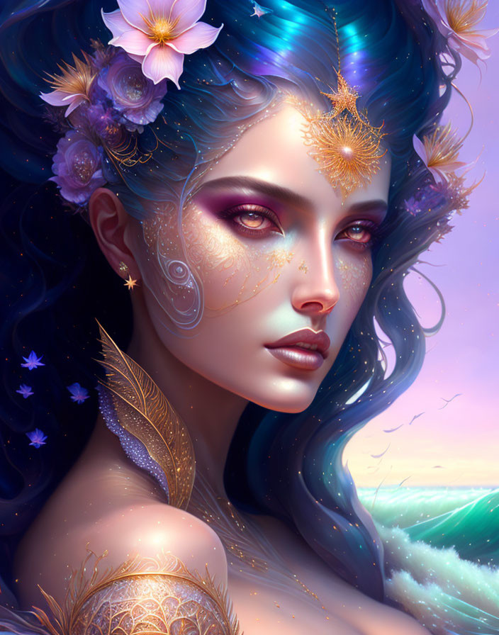 Fantasy portrait of woman with blue hair, floral crown, golden jewelry, pastel skies.