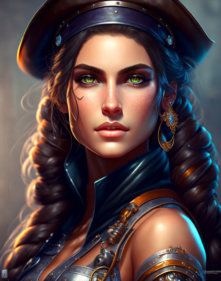 Fantasy digital artwork: Woman with green eyes in metallic blue hat and armor