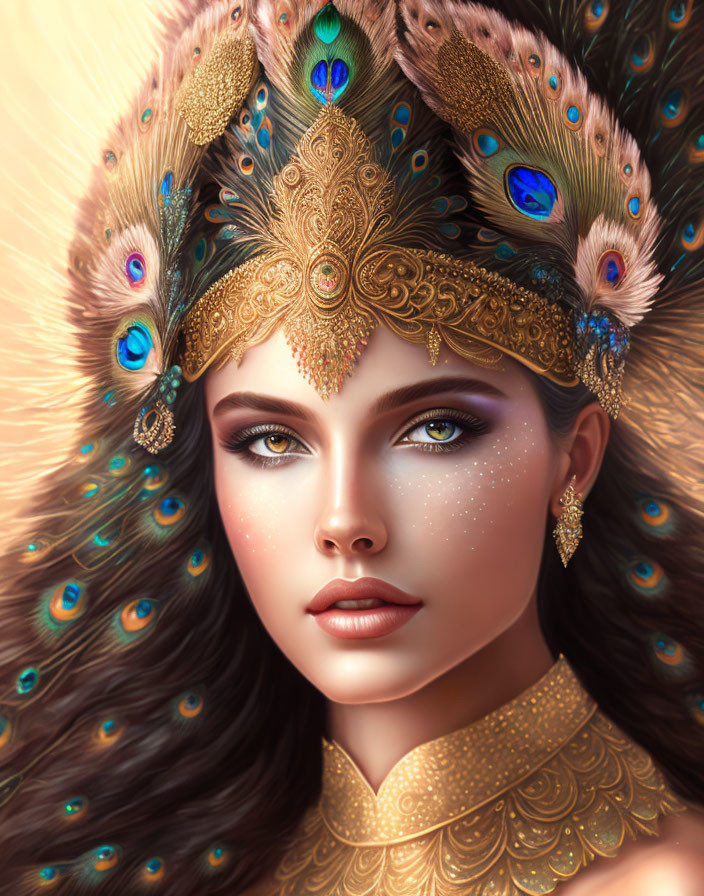 Detailed digital art portrait of a woman with peacock feather headdress and golden jewelry