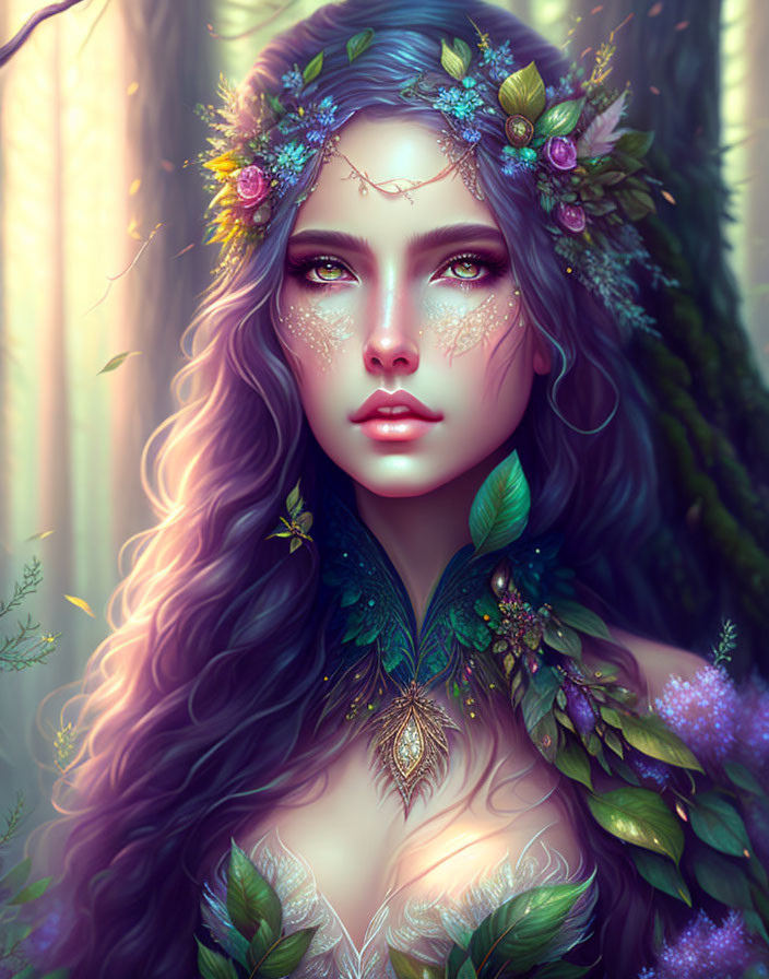 Mystical forest woman with purple hair and floral adornments