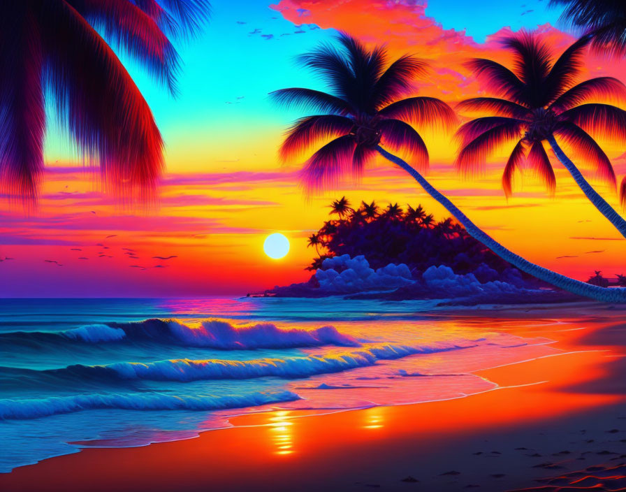 Tropical beach sunset with palm trees, ocean waves, and colorful sky