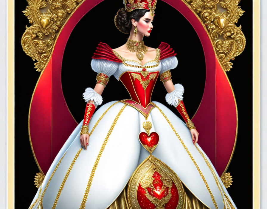 Regal woman in red and white gown with crown in golden frame