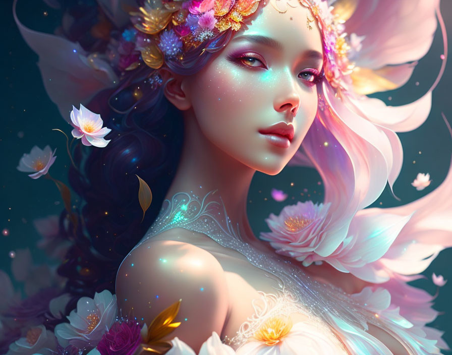 Fantasy illustration of ethereal woman with elfin features and luminous flowers on dark background