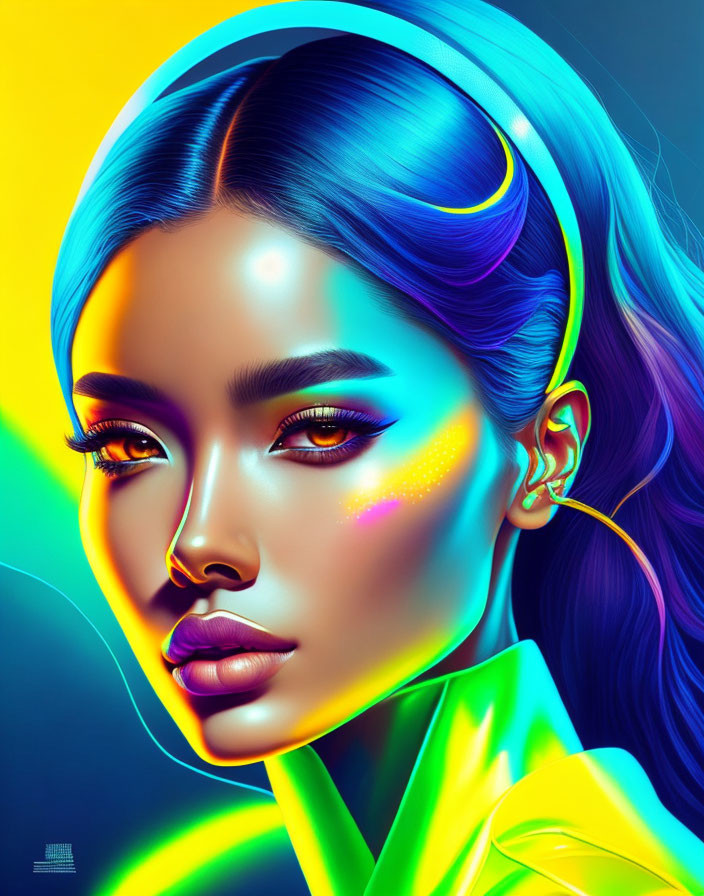 Colorful digital artwork of a woman with blue hair and neon makeup on gradient background