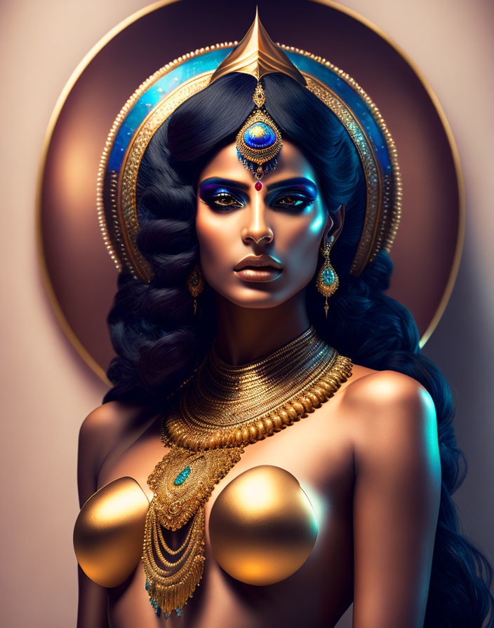 Stylized portrait of a woman with dark hair, blue makeup, gold jewelry, and decorative he