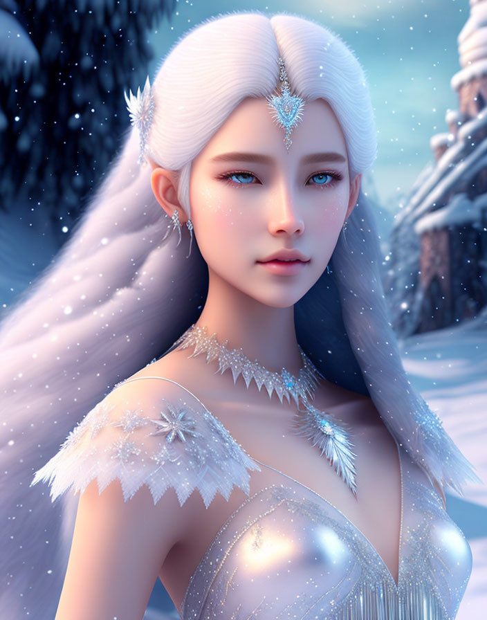 Ethereal woman with white hair and crystal adornments in icy attire, against snowy backdrop