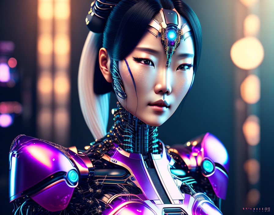 Detailed futuristic female android with glowing blue cybernetic enhancements and intricate headpiece on soft bokeh background