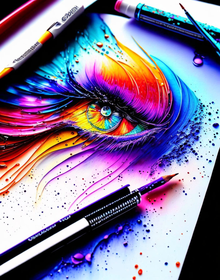 Eye drawing with abstract splash details and art supplies on white surface