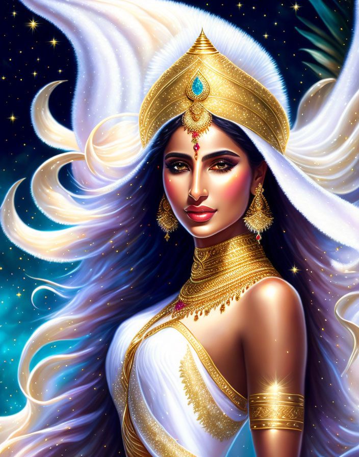 Celestial woman with flowing hair and traditional headpiece against starry backdrop