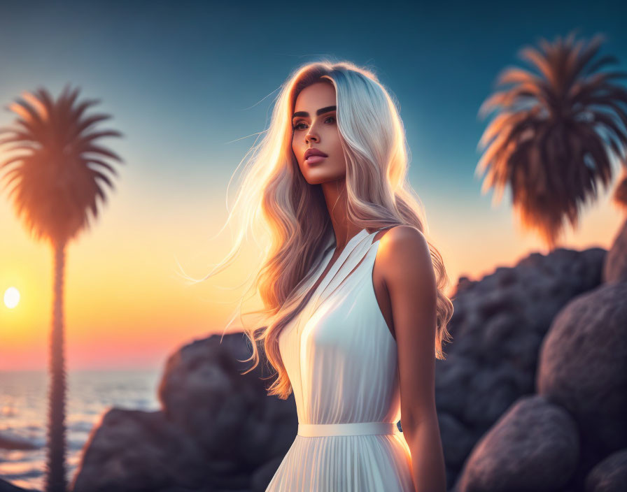 Blonde woman in white dress among rocks at sunset