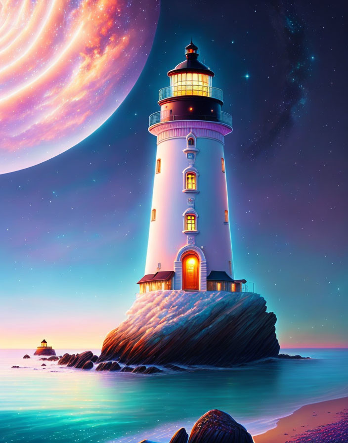 Luminous planet illuminates vibrant lighthouse on rocky outcrop