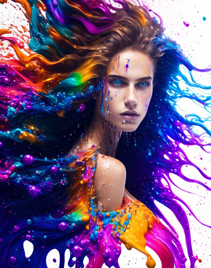 Colorful woman with flowing multicolored hair and expressive blue eyes