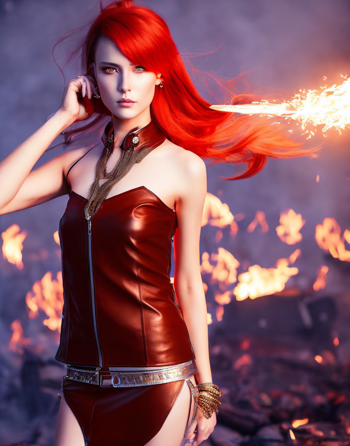 Vibrant red-haired woman in futuristic attire surrounded by dynamic flames