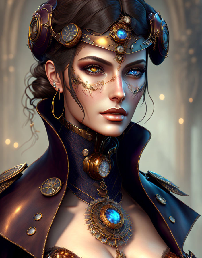 Steampunk-inspired woman digital artwork with gears and clock elements