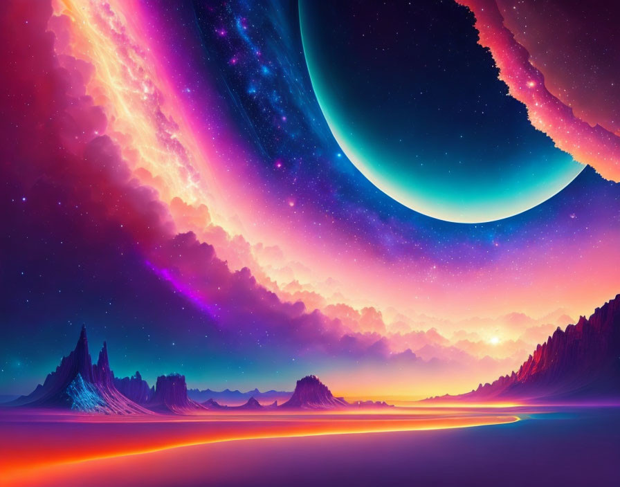 Majestic mountains in vibrant alien landscape with ringed planet and surreal sky