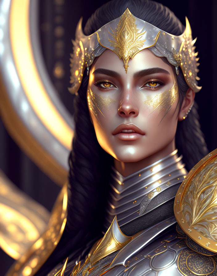 Golden-armored female warrior with leafy crown on warm-toned circular background