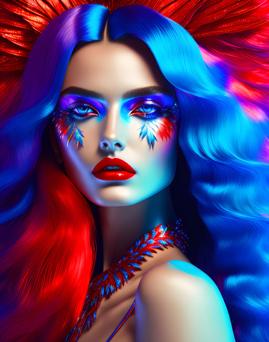 Colorful digital portrait of woman with blue and red ombre hair and vibrant makeup