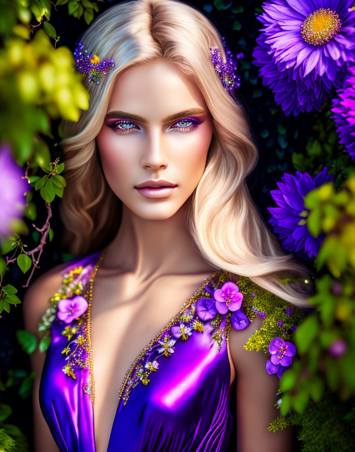 Woman with Purple Flowers in Hair and Violet Dress Surrounded by Greenery