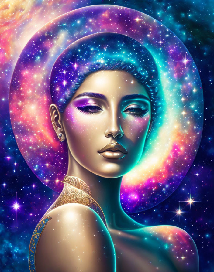 Cosmic-themed digital artwork featuring a woman with vibrant stars and nebulae.