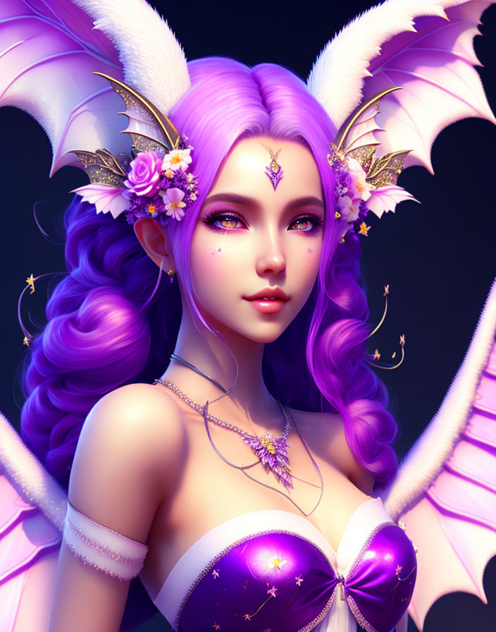 Purple-haired fantasy character with bat-like wings and ornate headpieces on a dark background.