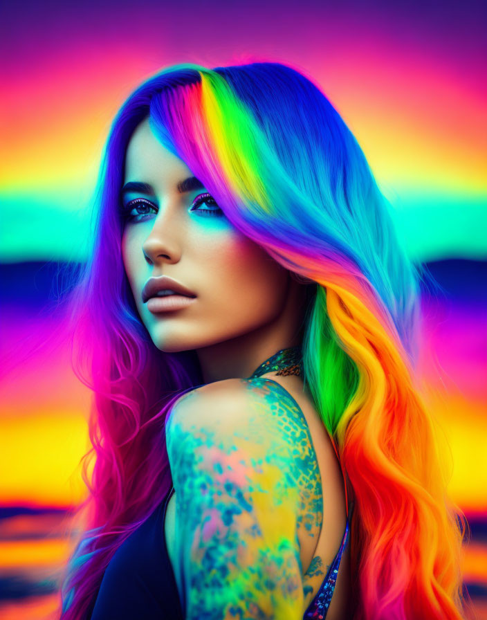 Vibrant rainbow hair and tattoos on a woman in colorful sunset backdrop