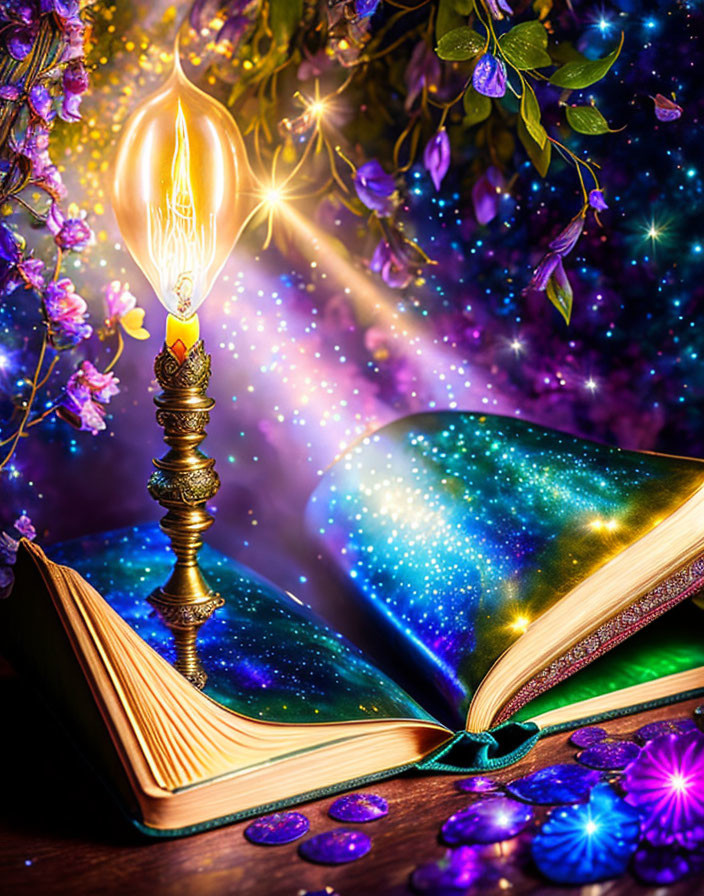 Open book with celestial illustrations and ornate lamp in mystical setting