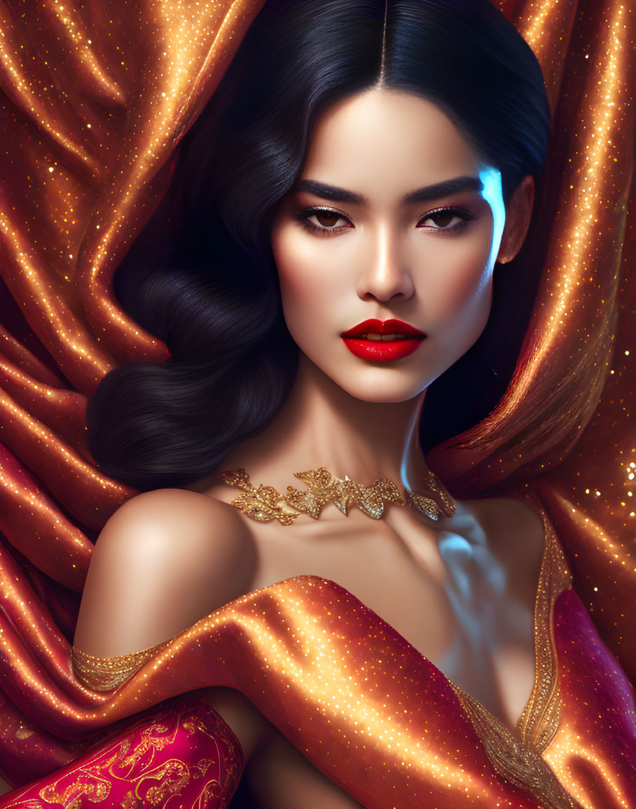 Dark-haired woman in red lipstick wrapped in golden fabric with captivating gaze