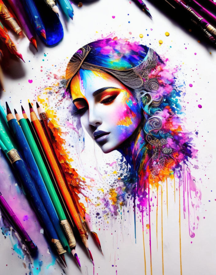 Colorful woman's face artwork with paint splashes and pencils symbolizing creativity