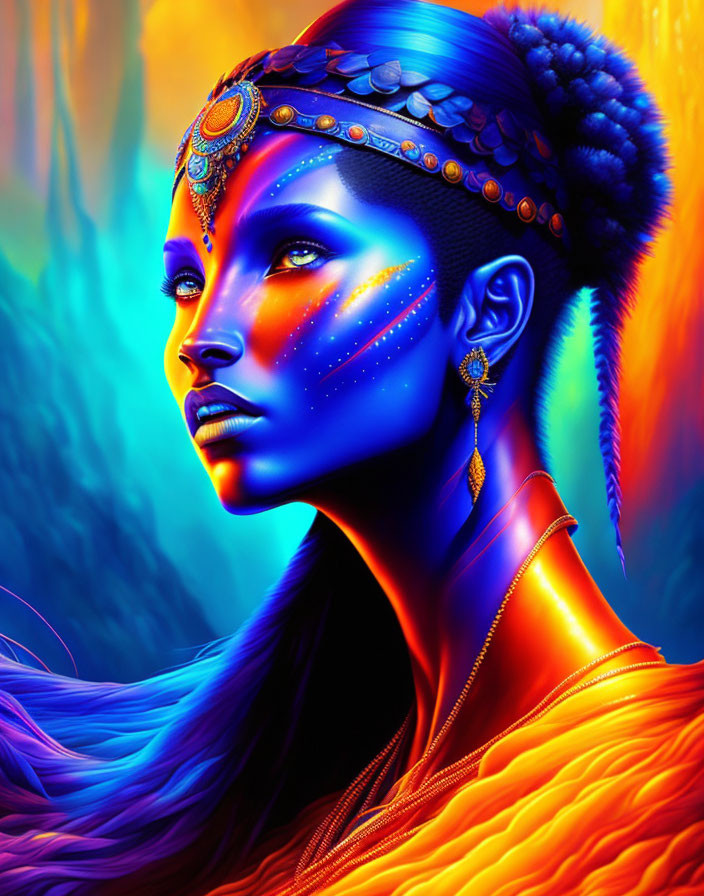 Colorful digital artwork of a woman with blue and orange hues, tribal jewelry, and face paint