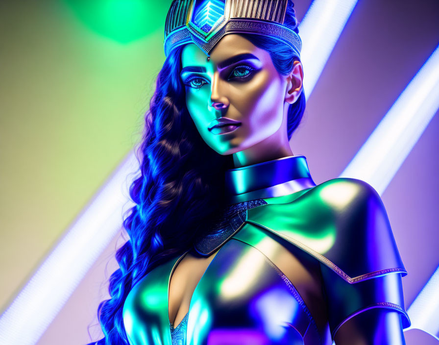 Futuristic female figure with intricate headgear under neon lights