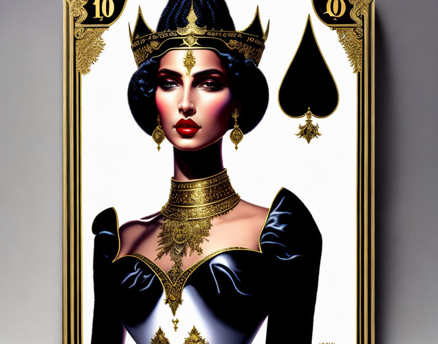 Stylized Queen of Spades Playing Card with Ornate Crown