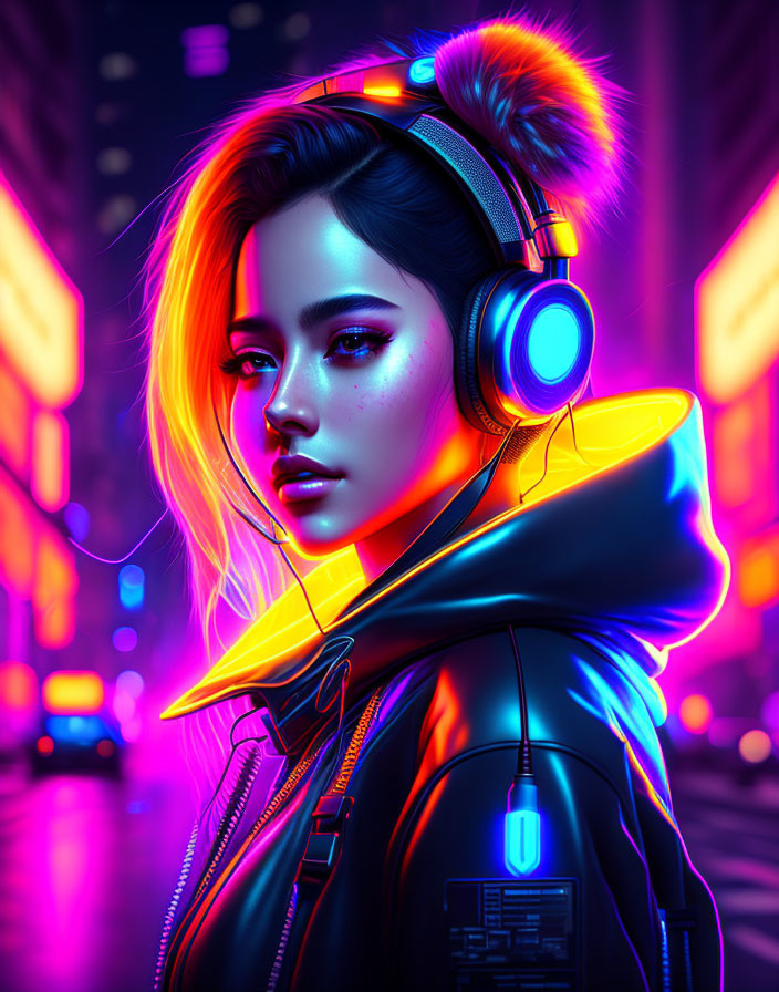 Vibrant digital artwork: woman with headphones in neon cityscape.