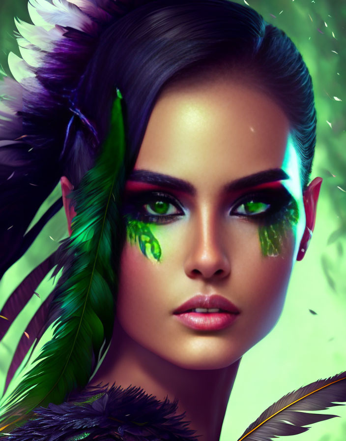 Vibrant feather accents on woman with vivid makeup against green background