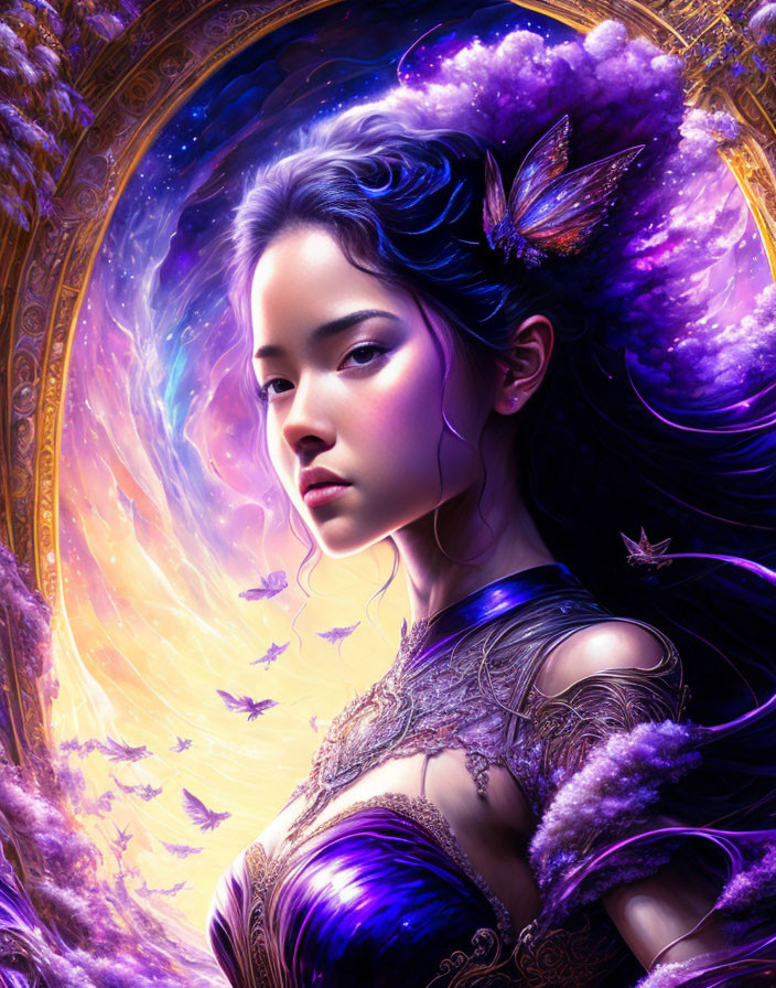 Ethereal woman in cosmic setting with purple and gold swirls